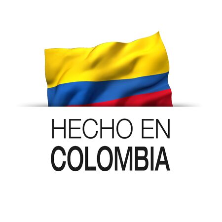 Made in Colombia written in Spanish- Guarantee label with a waving Colombian flag. 3D illustration.の写真素材