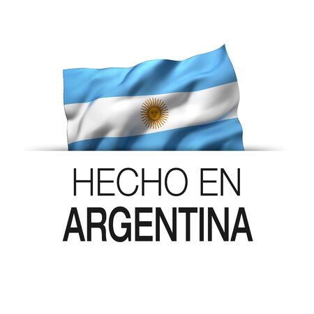Made in Argentina written in Spanish- Guarantee label with a waving Argentinian flag. 3D illustration.の写真素材