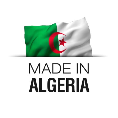 Made in Algeria - Guarantee label with a waving Algerian flag. 3D illustration.の写真素材