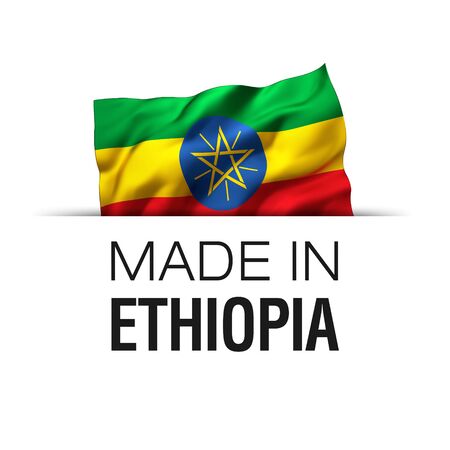 Made in Ethiopia - Guarantee label with a waving Ethiopian flag. 3D illustration.の写真素材