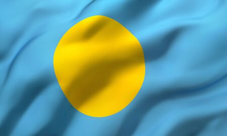 Flag of Palau blowing in the wind. Full page Palauan flying flag. 3D illustration.の写真素材