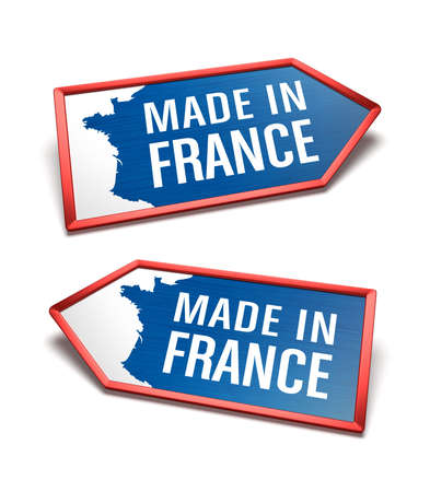 Made in France - Blue, white and blue labels with a map of France. French certificate inside arrow icon shapes, pointing left and right.の写真素材