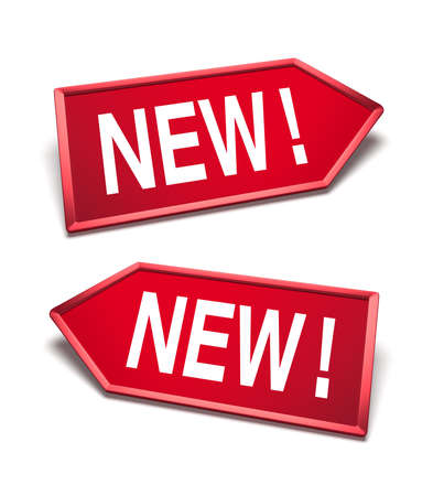NEW white text inside red arrow icon shapes, pointing left and right.の写真素材