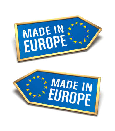Made in Europe labels isolated on white. European Union certificate inside arrow icon shapes, blue background, gold borders and yellow stars symbol, pointing left and right.の写真素材