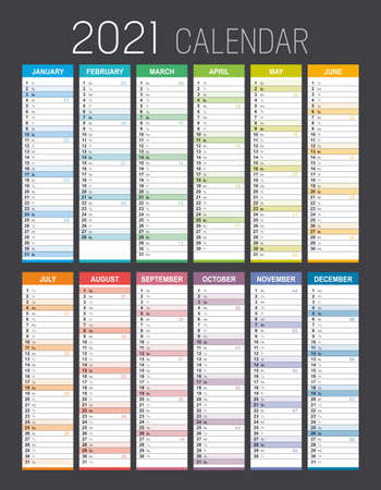 Year 2021 colorful calendar, with weeks numbers, on black background. Vector template.のイラスト素材