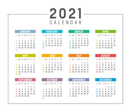 Colorful year 2021 calendar isolated on white background. Week starts Sunday. Vector template.のイラスト素材
