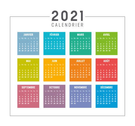 Colorful year 2021 calendar isolated, in French language, on white background. Vector template.のイラスト素材