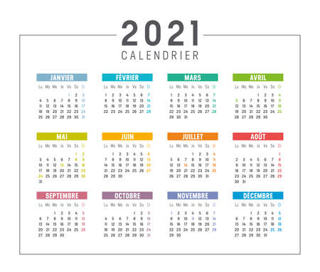 Colorful year 2021 calendar isolated, in French language, on white background. Vector template.のイラスト素材