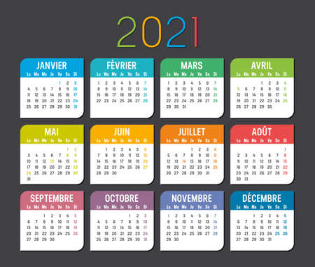 Colorful year 2021 calendar, in French language, isolated on a dark backgroundのイラスト素材