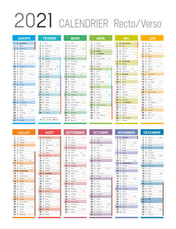 Year 2021 colorful calendar, in French language, on white background. Vector templateのイラスト素材