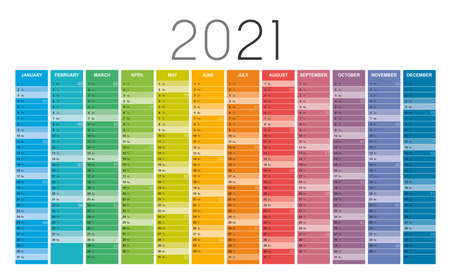 Year 2021 colorful wall calendar, with weeks numbers, on white background. Vector template.のイラスト素材