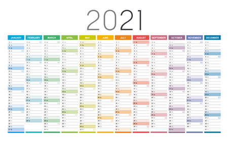 Year 2021 colorful wall calendar, with weeks numbers, on white background. Vector template.のイラスト素材
