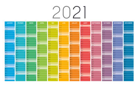 Year 2021 colorful wall calendar in French language, with weeks numbers, on white background. Vector template.のイラスト素材