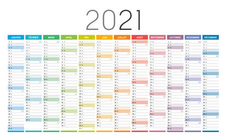 Year 2021 colorful wall calendar in French language, with weeks numbers, on white background. Vector template.のイラスト素材