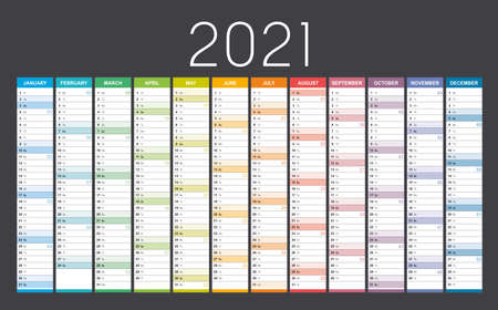 Year 2021 colorful wall calendar, with weeks numbers, on black background. Vector template.のイラスト素材