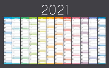Year 2021 colorful wall calendar in French language, with weeks numbers, on black background. Vector template.のイラスト素材