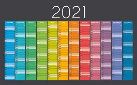 Year 2021 colorful wall calendar, with weeks numbers, on black background. Vector template.のイラスト素材