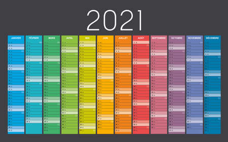 Year 2021 colorful wall calendar in French language, with weeks numbers, on black background. Vector template.のイラスト素材