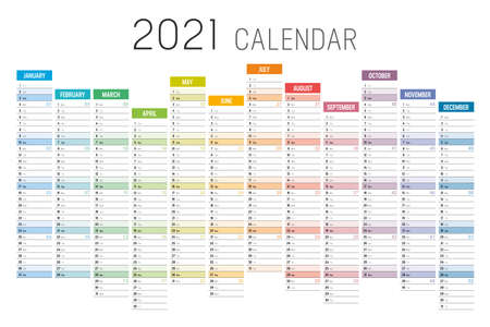 Year 2021 colorful unaligned calendar on white background. Vector template.のイラスト素材