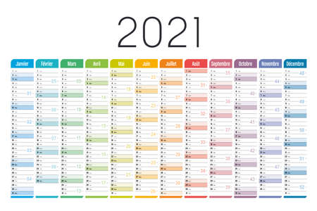 Year 2021 one page colorful calendar, in French language, on white background. Vector template.のイラスト素材
