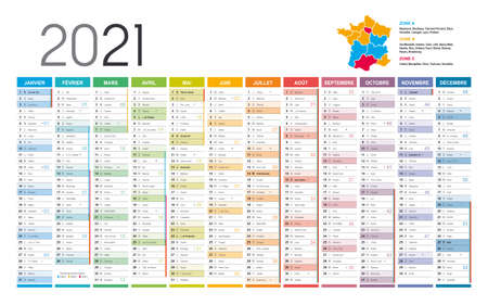 Year 2021 colorful wall calendar, in French language, on white background. Vector templateのイラスト素材