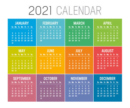 Colorful year 2021 calendar isolated on white background. Week starts Sunday. Vector template.のイラスト素材