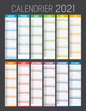 Year 2021 colorful calendar, in French language, on black background. Vector template.のイラスト素材