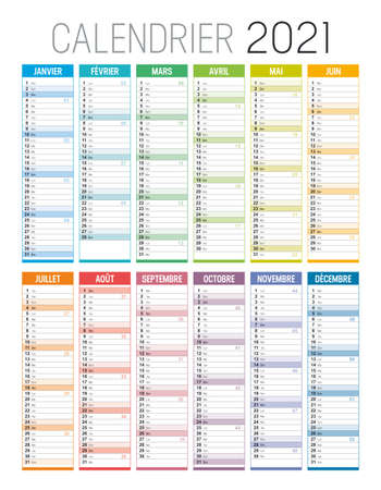 Year 2021 colorful calendar, in French language, on white background. Vector template.のイラスト素材