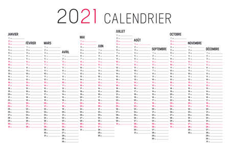 Year 2021 black and red calendar, in French language, on white background. Vector template.のイラスト素材