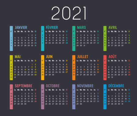 Colorful year 2021 calendar, with weeks numbers, in French language, isolated on a dark background. Vector template.のイラスト素材