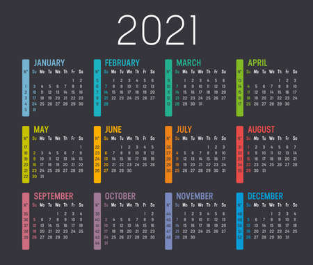 Colorful year 2021 calendar, with weeks numbers, isolated on a dark background. Vector template.のイラスト素材