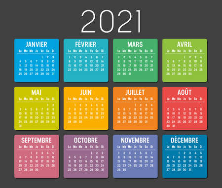 Year 2021 colorful minimalist calendar, in French language, on black background. Vector template.のイラスト素材