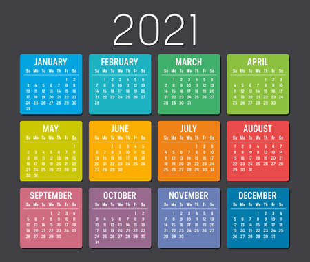 Colorful year 2021 calendar isolated on black background. Vector Template.のイラスト素材