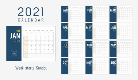 Year 2021 minimalist monthly calendar. Week starts Sunday. Vector template.のイラスト素材