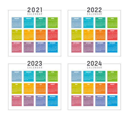 Years 2021 2022 2023 2024 colorful calendars set, isolated on white, weeks start Sunday. Vector templates.のイラスト素材