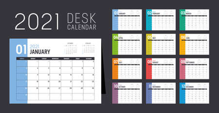 Year 2021 monthly desk calendar. Week starts Sunday. Vector template.のイラスト素材