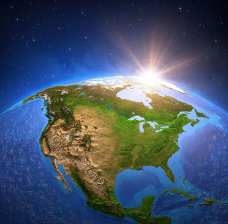 Surface of Planet Earth viewed from a satellite, focused on North America, sun rising on the horizon. Physical map of The United States USA and Canada. 3D illustrationの写真素材