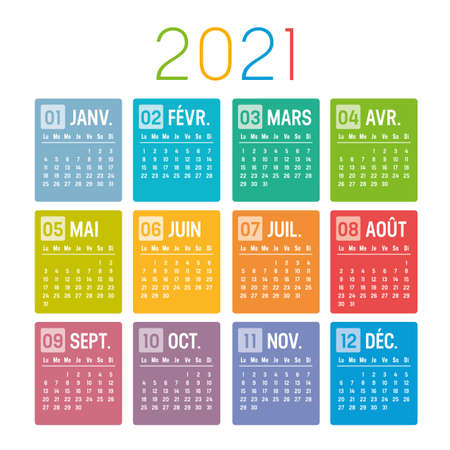 Colorful year 2021 calendar, in French language, isolated on white background. Week starts Monday. Vector template.のイラスト素材