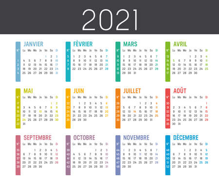 Colorful year 2021 calendar, with weeks numbers, in French language, isolated on a dark background. Vector template.のイラスト素材