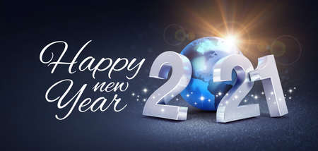 Happy New Year greeting and silver date 2021 composed with a blue planet earth, glittering on a black background - 3D illustrationの写真素材