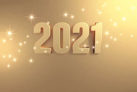 New year date 2021 colored in gold, on a festive golden background - 3D illustrationの写真素材
