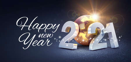 Happy New Year greeting and silver date 2021 composed with a gold planet earth, glittering on a black background - 3D illustrationの写真素材
