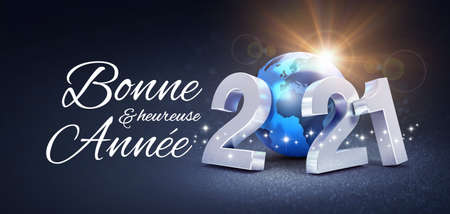 Happy New Year greeting in French language and silver date 2021 composed with a blue planet earth, glittering on a black background - 3D illustrationの写真素材