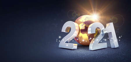 Silver date number 2021 composed with a gold planet earth, glittering on a black background - 3D illustration for Greeting cardの写真素材