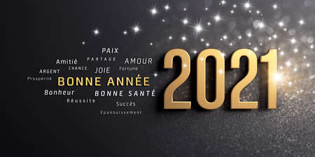 New year date 2021 and greetings in French language, colored in gold, on a festive black background, with glitters and stars - 3D illustrationの写真素材