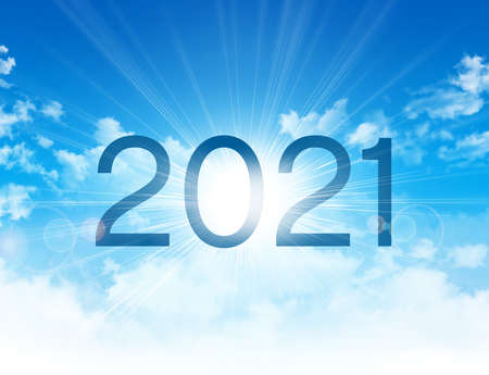 New Year 2021 date number, high in blue sky with morning sunrise, as the beginning of a new day