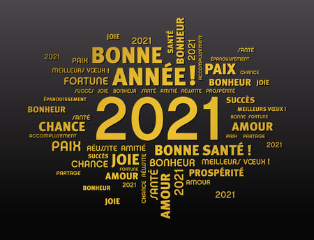 Gold greeting words around New Year date 2021, in French language, on black backgroundのイラスト素材