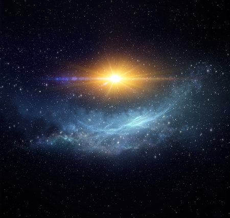 Galaxy, nebula, sun and stars constellations in Universe. Giant explosion into deep space.の写真素材