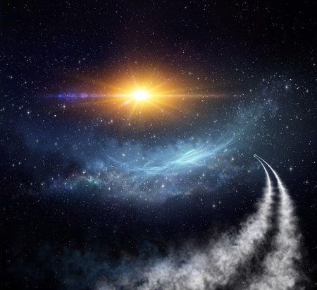 Spaceships traveling in universe toward nebula and stars clusters for constellations discovery. Shuttle journey into deep space.の写真素材