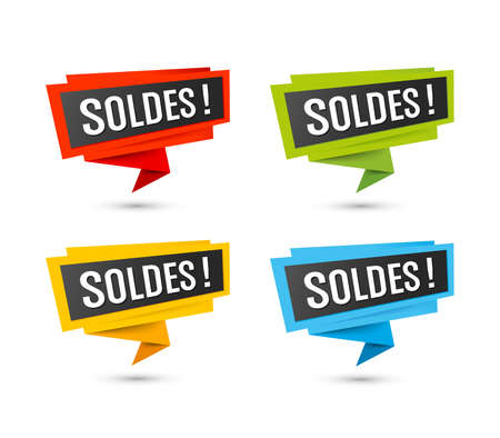 Sale labels in French language. Vector web icons, composed in Origami style paper, isolated on white.のイラスト素材
